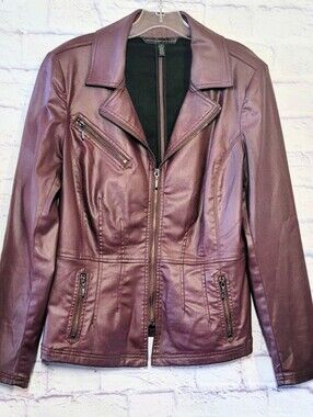 White House Black Market Faux Leather Moto Jacket Womens Zip Up Burgundy Size 12